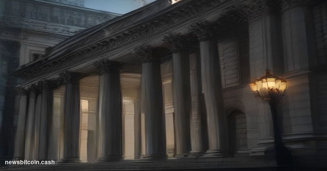A cinematic photorealistic editorial photograph of the Bank of England's iconic neoclassical Portland stone facade on Threadn