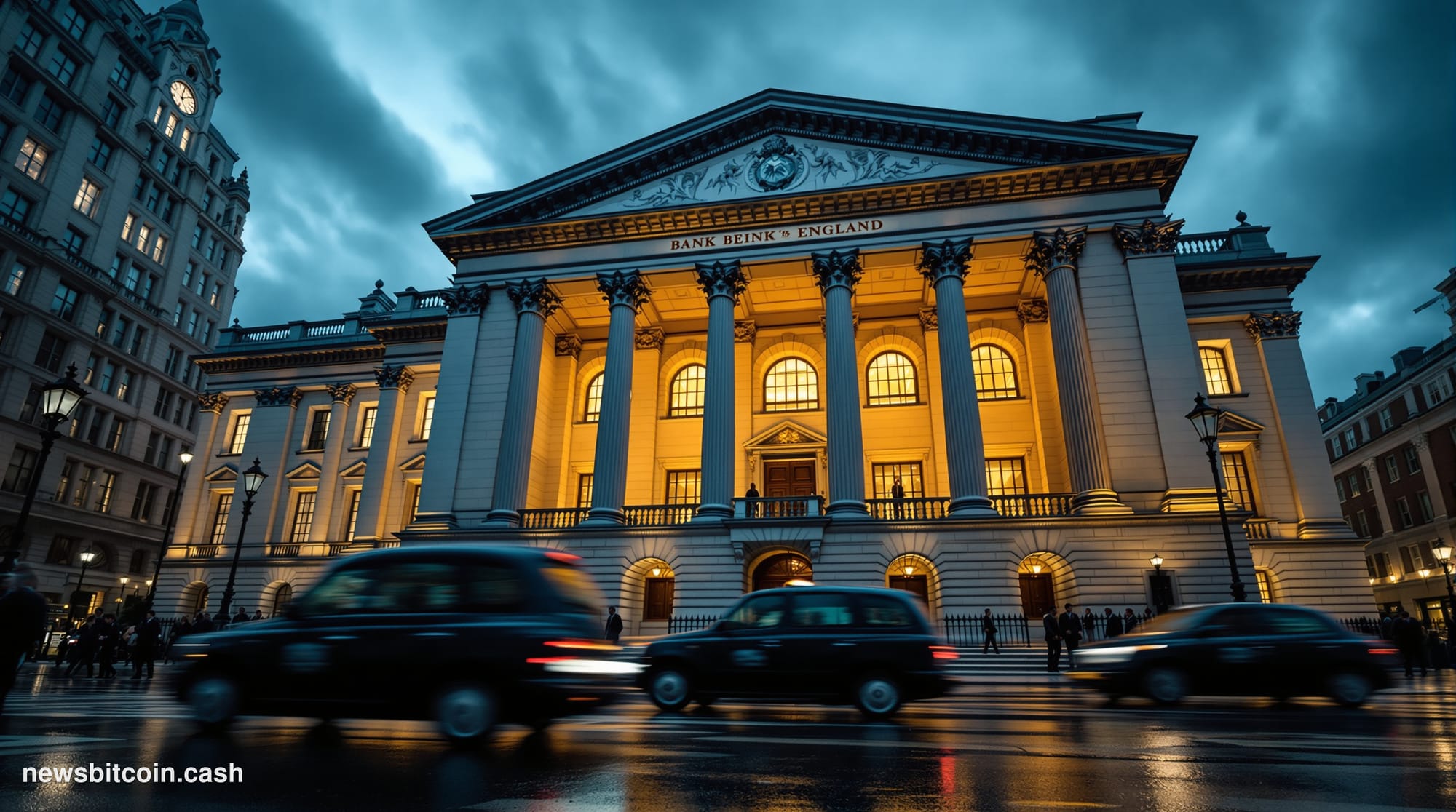 Cinematic photorealistic editorial photograph of the Bank of England's iconic neoclassical Threadneedle Street headquarters i