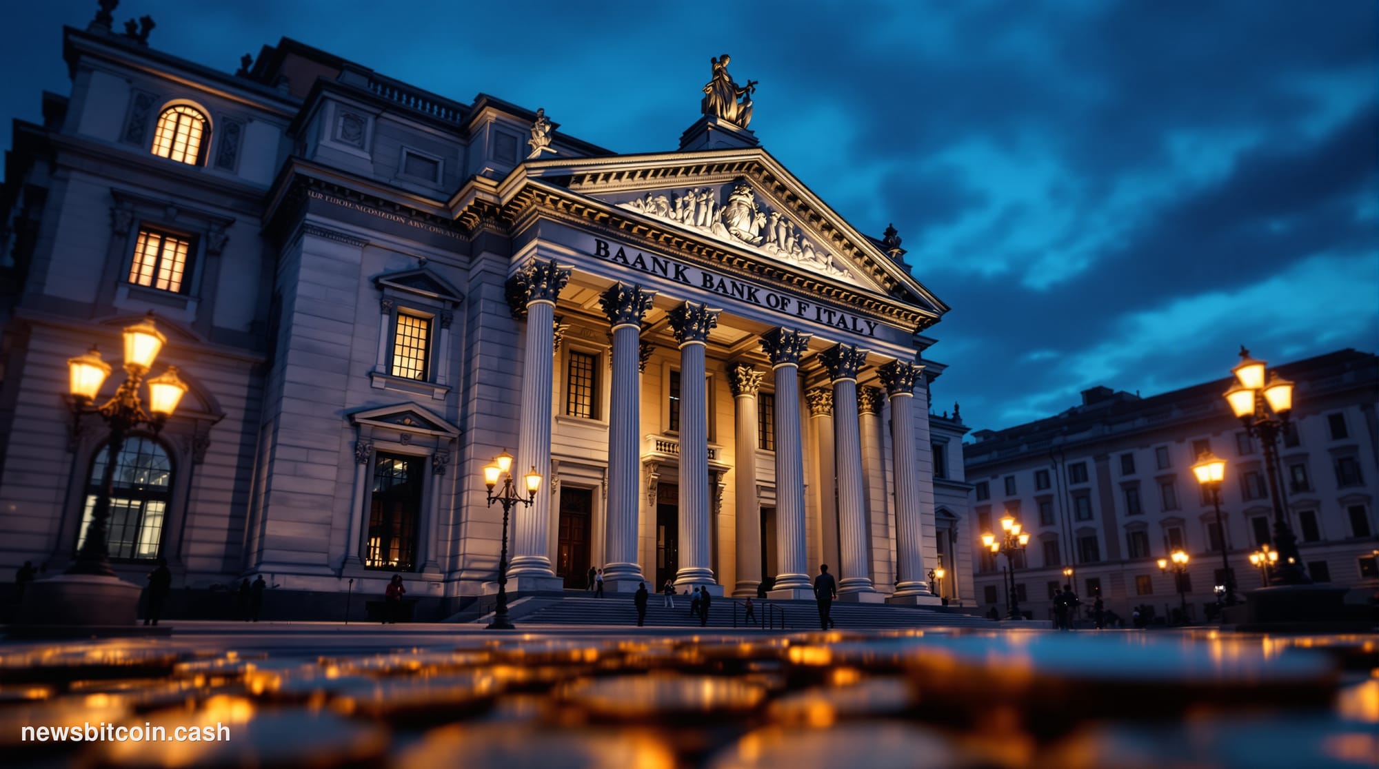 Cinematic photorealistic editorial photograph of the Bank of Italy's historic neoclassical headquarters on Via Nazionale in R