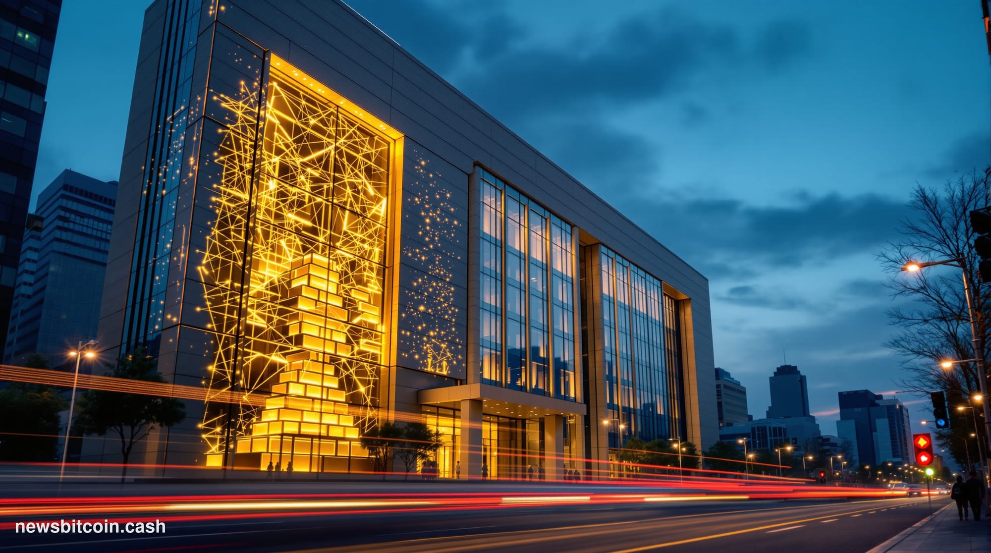 Cinematic photorealistic editorial photograph of the Bank of Korea's imposing granite headquarters building in central Seoul,