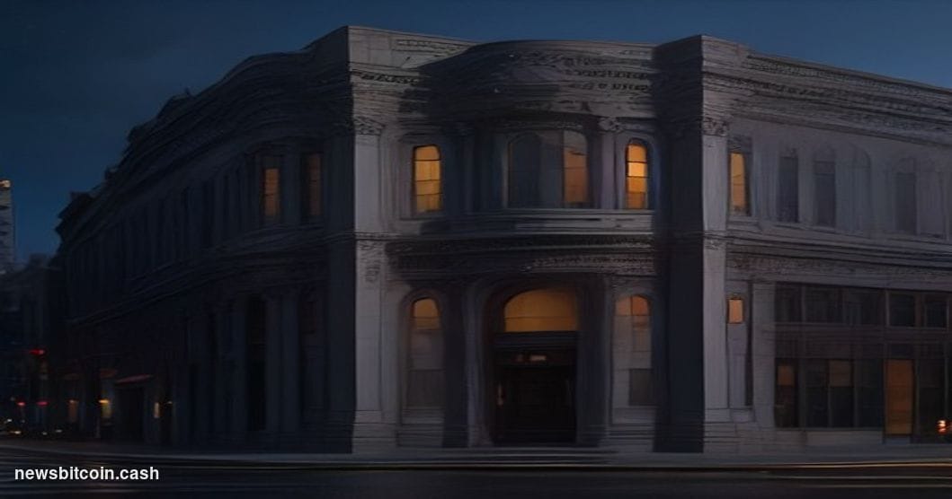 Cinematic photorealistic editorial photograph of a grand neoclassical American bank building facade at dusk, with warm amber 