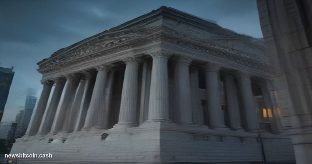 Cinematic photorealistic editorial photograph of a grand, imposing traditional bank headquarters — think marble columns and p