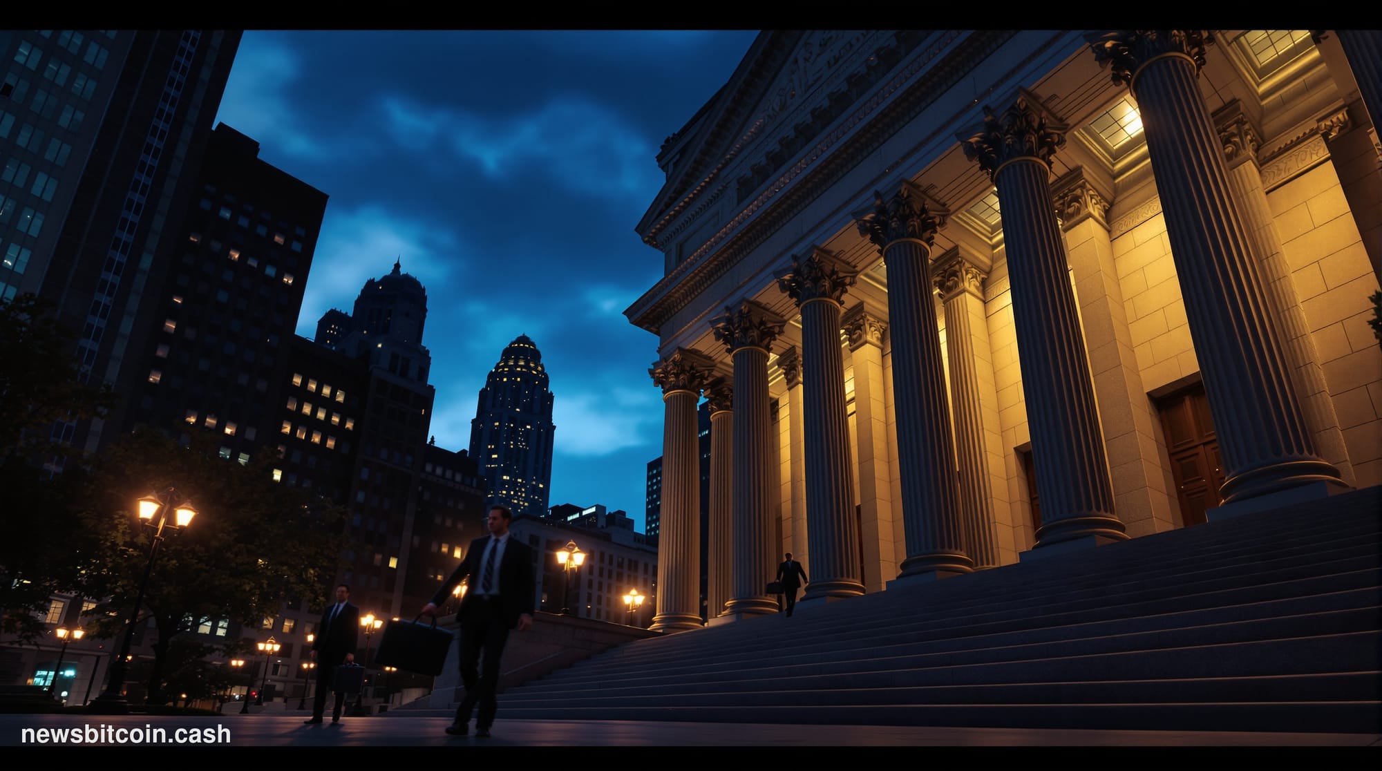 Cinematic photorealistic editorial photograph of the exterior of a federal courthouse in Lower Manhattan at dusk, shot from a