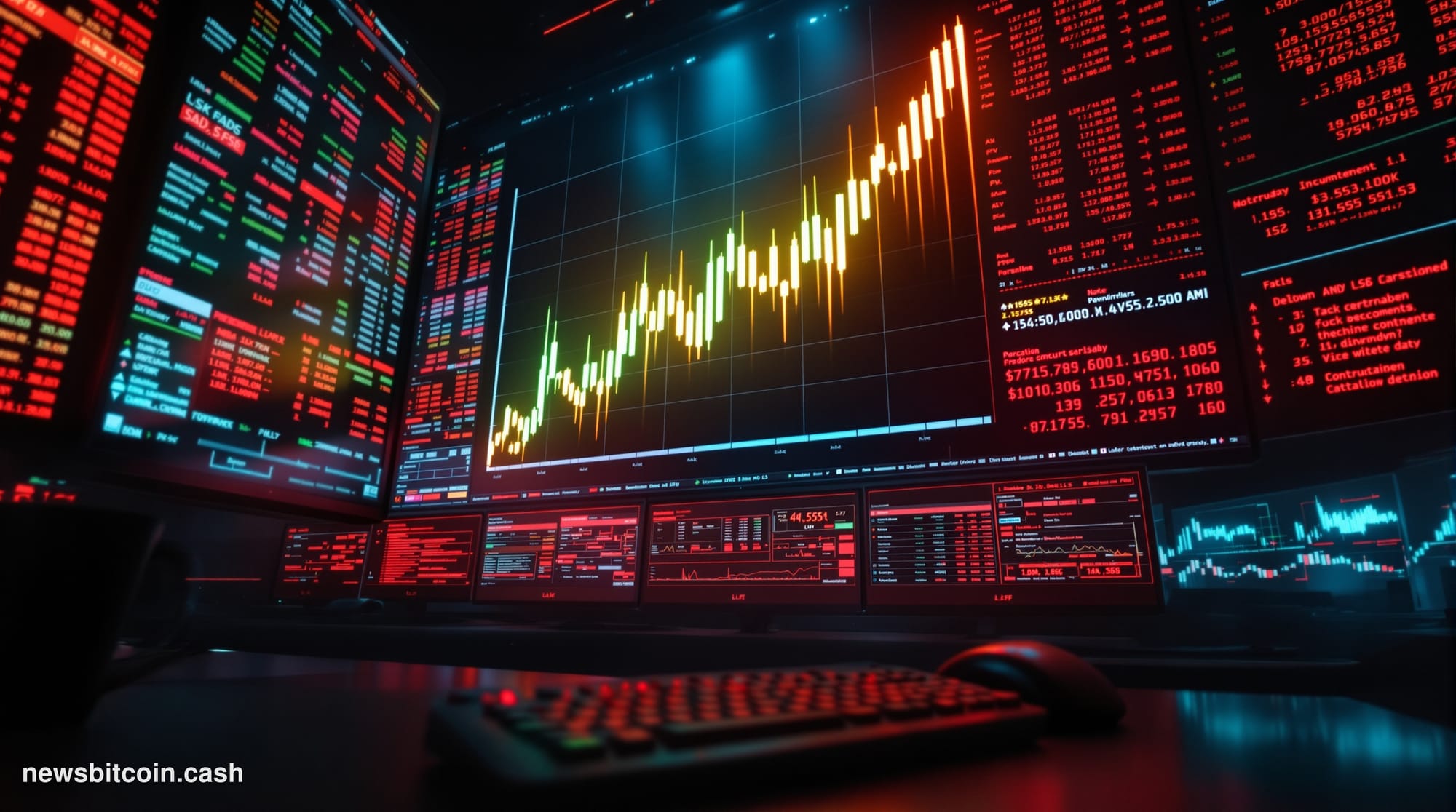 Cinematic photorealistic editorial photograph of a trading floor environment shot from a low angle looking up at massive red-