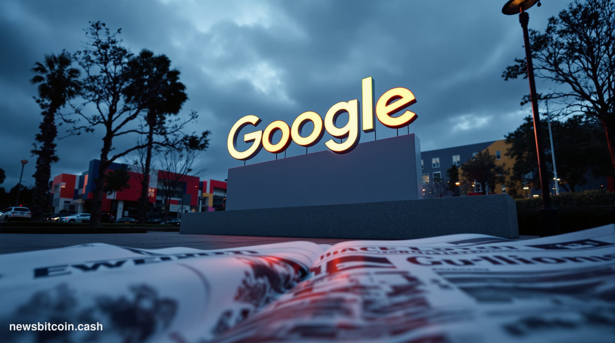 Cinematic photorealistic editorial photograph shot at a low angle looking up at the Google headquarters sign in Mountain View
