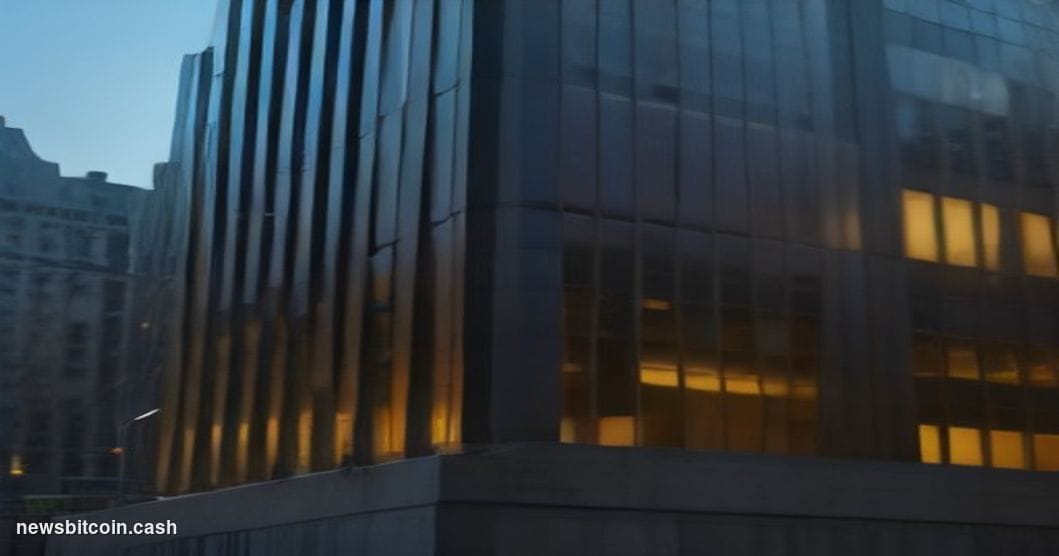Cinematic photorealistic editorial photograph of a towering Wall Street financial district building at dusk, shot from a low 
