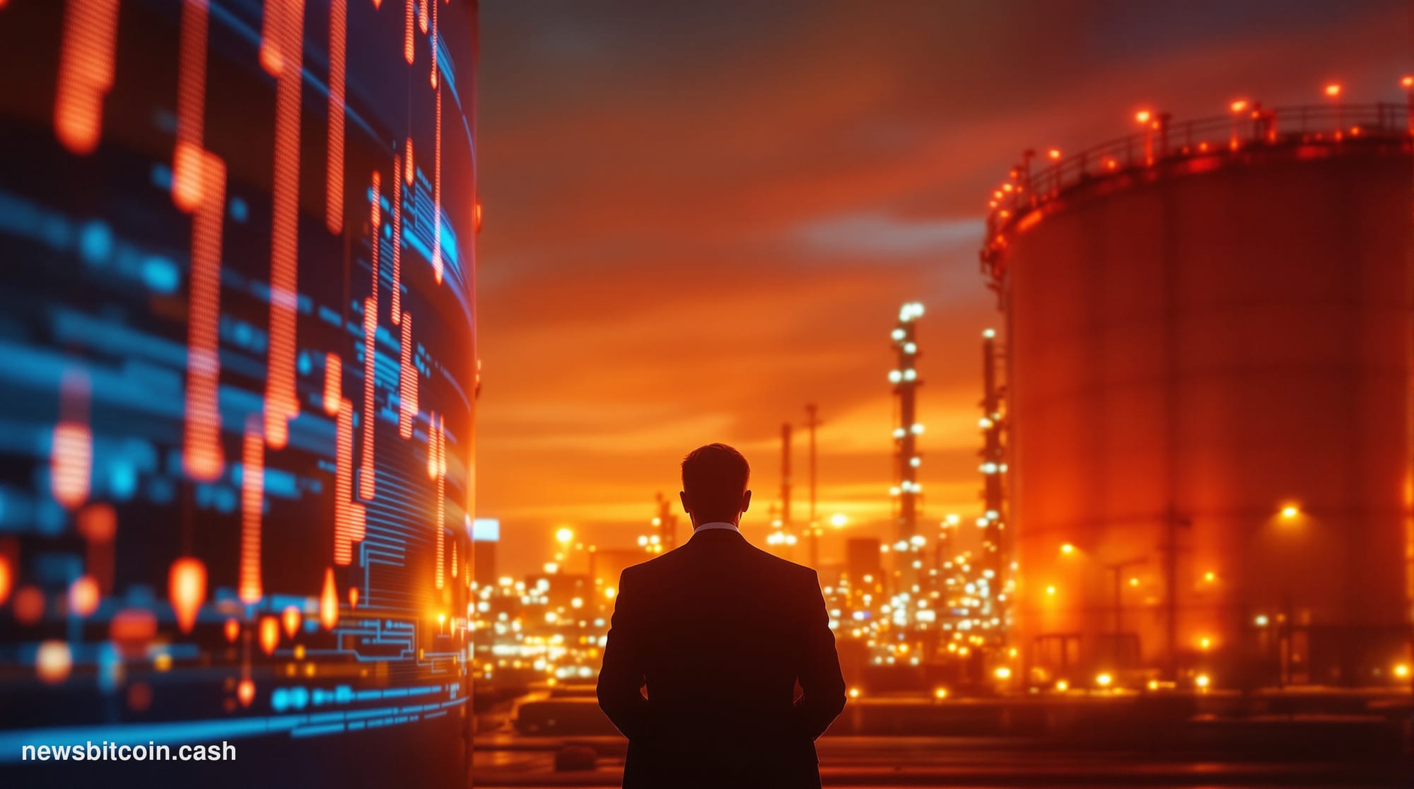 Cinematic photorealistic editorial photograph of oil storage tanks and pipeline infrastructure bathed in late-afternoon amber