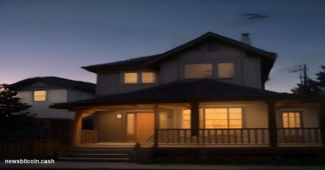 Cinematic photorealistic editorial photograph of a modern American suburban home at dusk, shot from a low angle looking up at