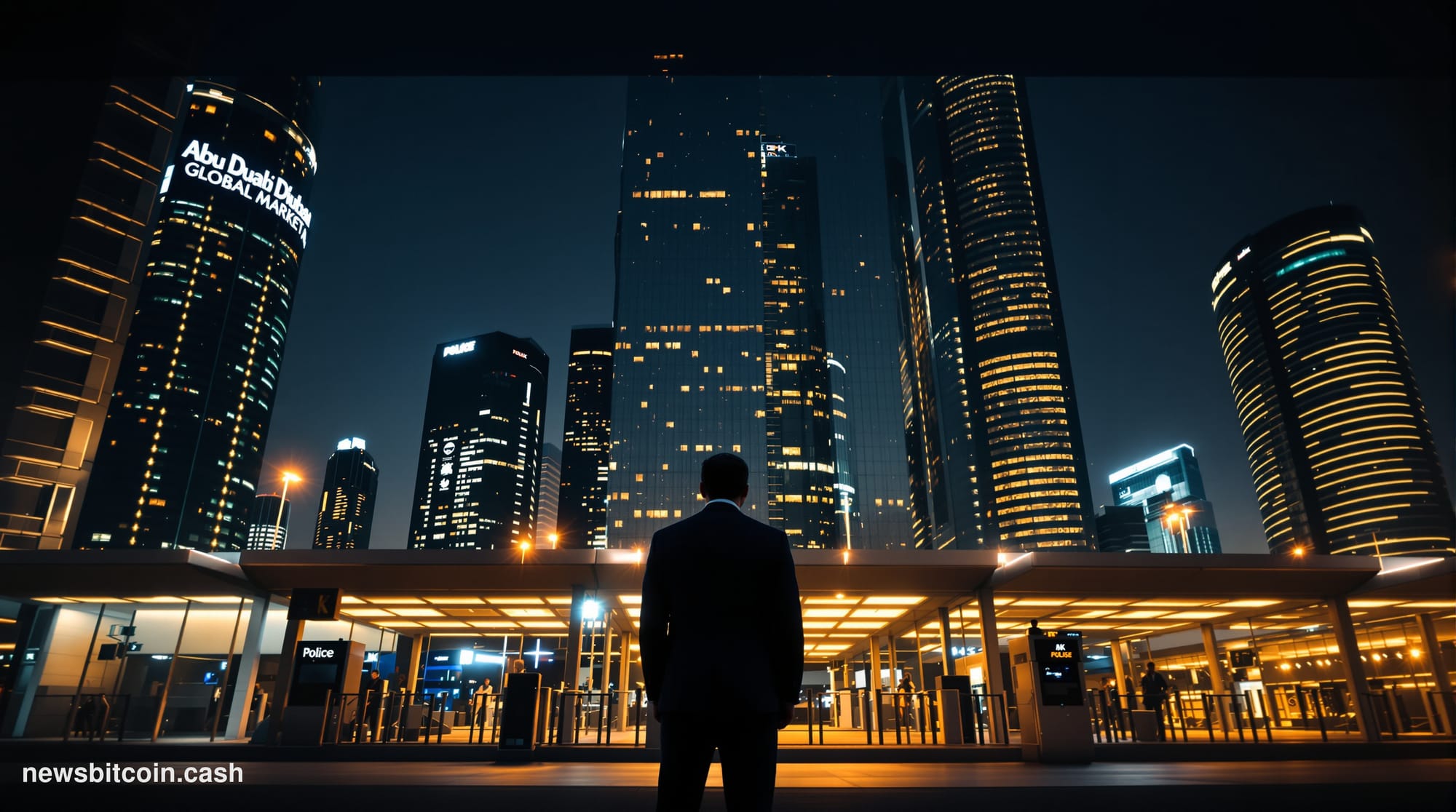 Cinematic photorealistic editorial photograph of Abu Dhabi's gleaming financial district skyline at dusk, shot from a low ang