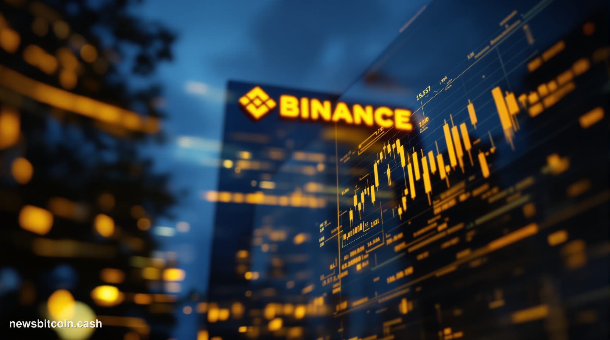 Cinematic photorealistic editorial photograph of the Binance global headquarters exterior at dusk, the iconic yellow Binance 