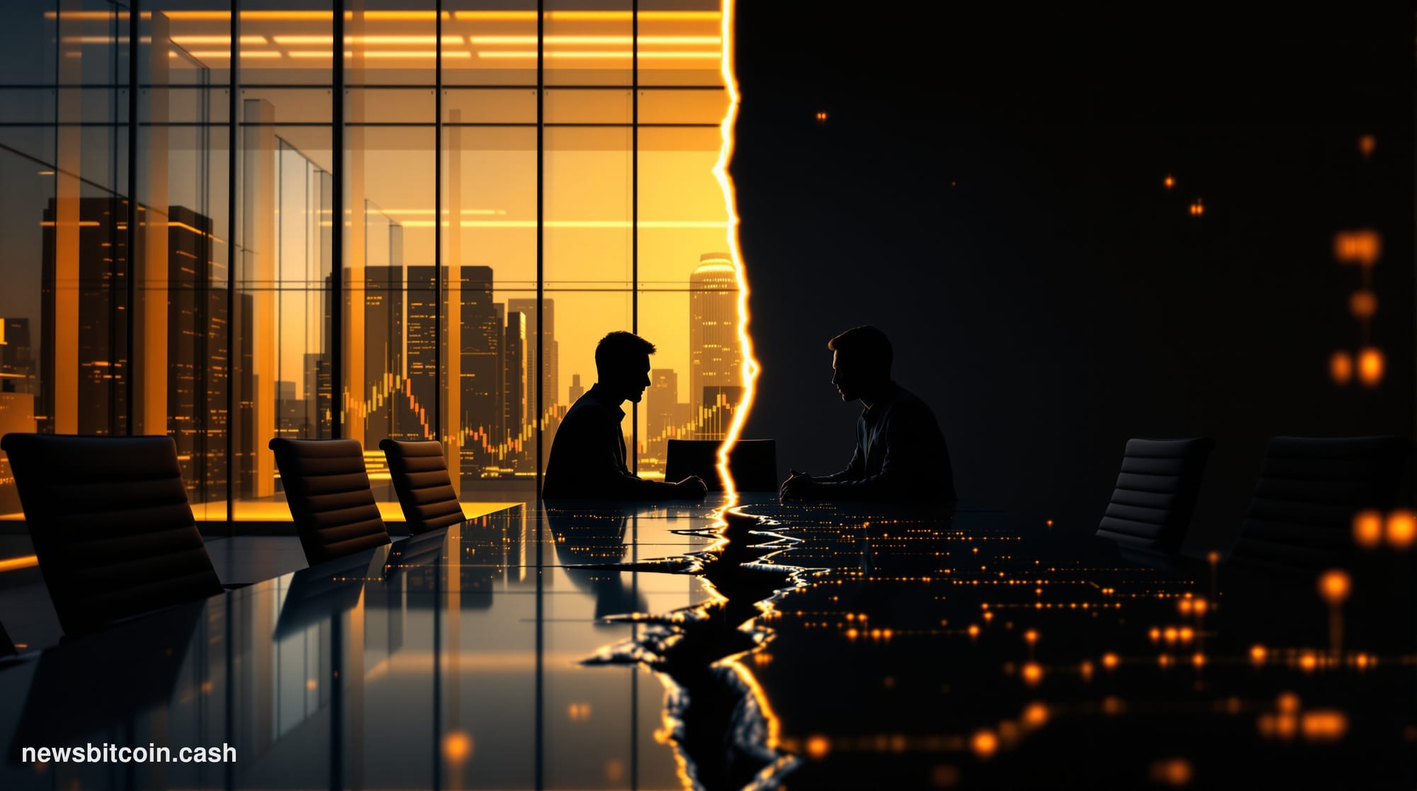 A split-composition cinematic editorial photograph with dramatic side lighting, shallow depth of field, and Bloomberg-quality