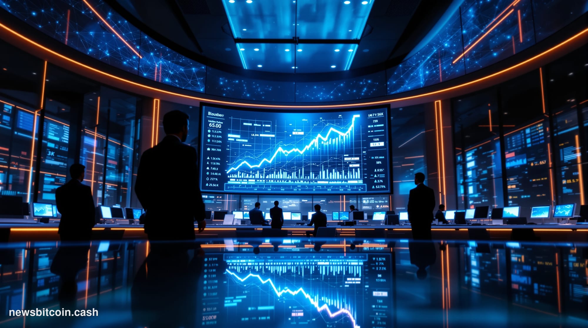 Cinematic photorealistic editorial photograph of a Binance-branded corporate environment — a sleek modern trading floor inter