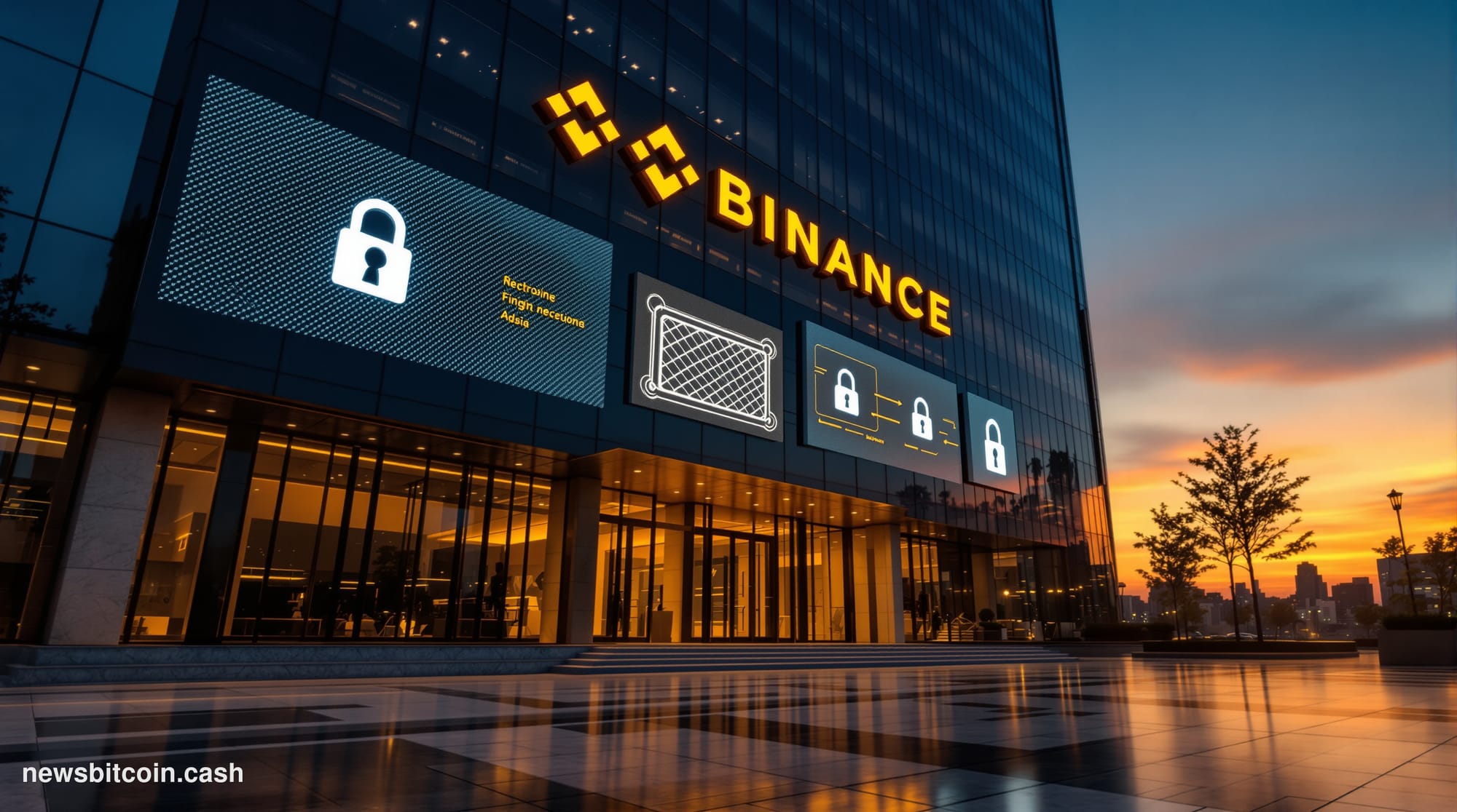 Cinematic photorealistic editorial photograph of Binance's corporate headquarters exterior at dusk, shot from a low angle loo