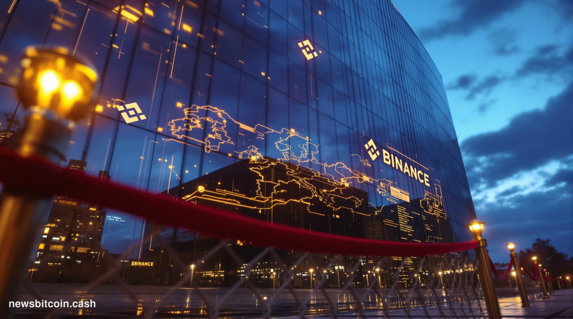 Cinematic photorealistic editorial photograph of the Binance corporate headquarters exterior at dusk, shot from a low angle w