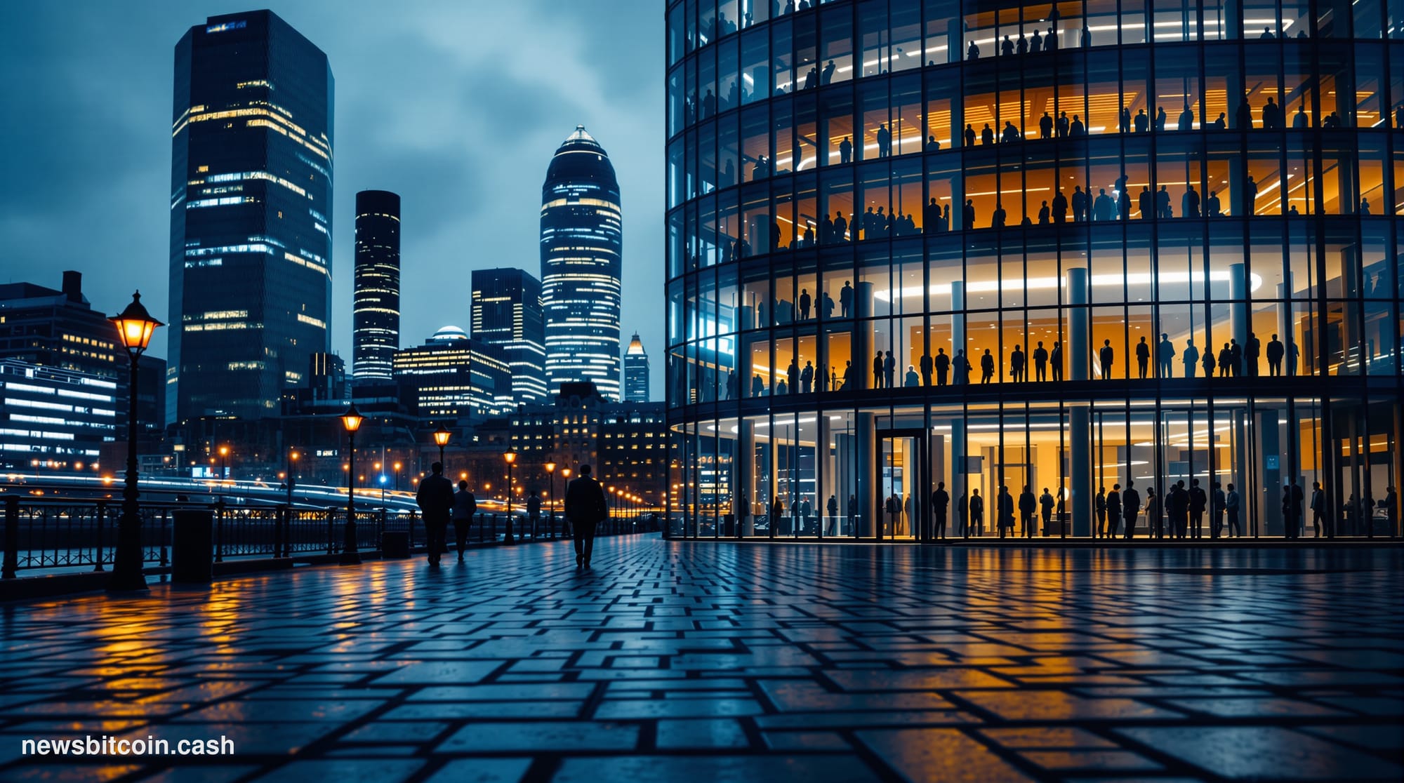 Cinematic photorealistic editorial photograph of the City of London financial district at dusk, with the distinctive glass to