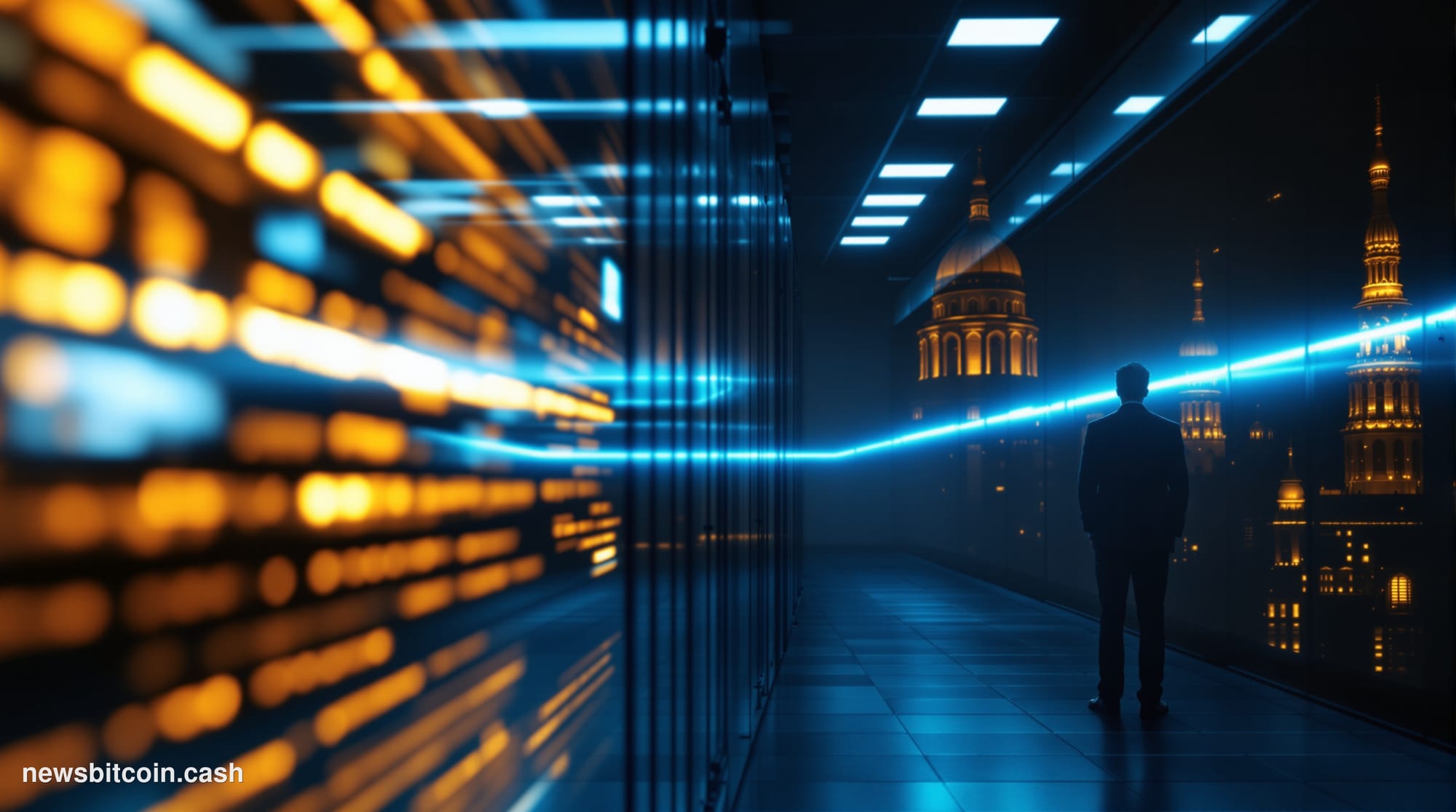 A cinematic photorealistic editorial photograph set in a dimly lit server room corridor, with a dramatic split composition: o