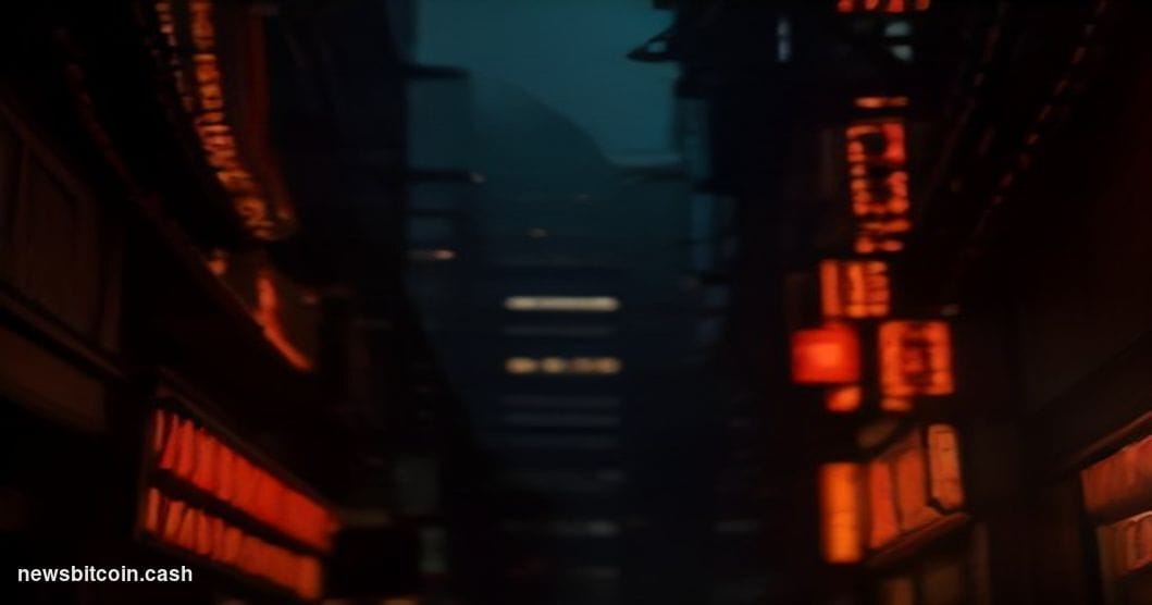 A cinematic photorealistic editorial photograph of a shadowy financial underworld atmosphere, shot from a low angle looking u