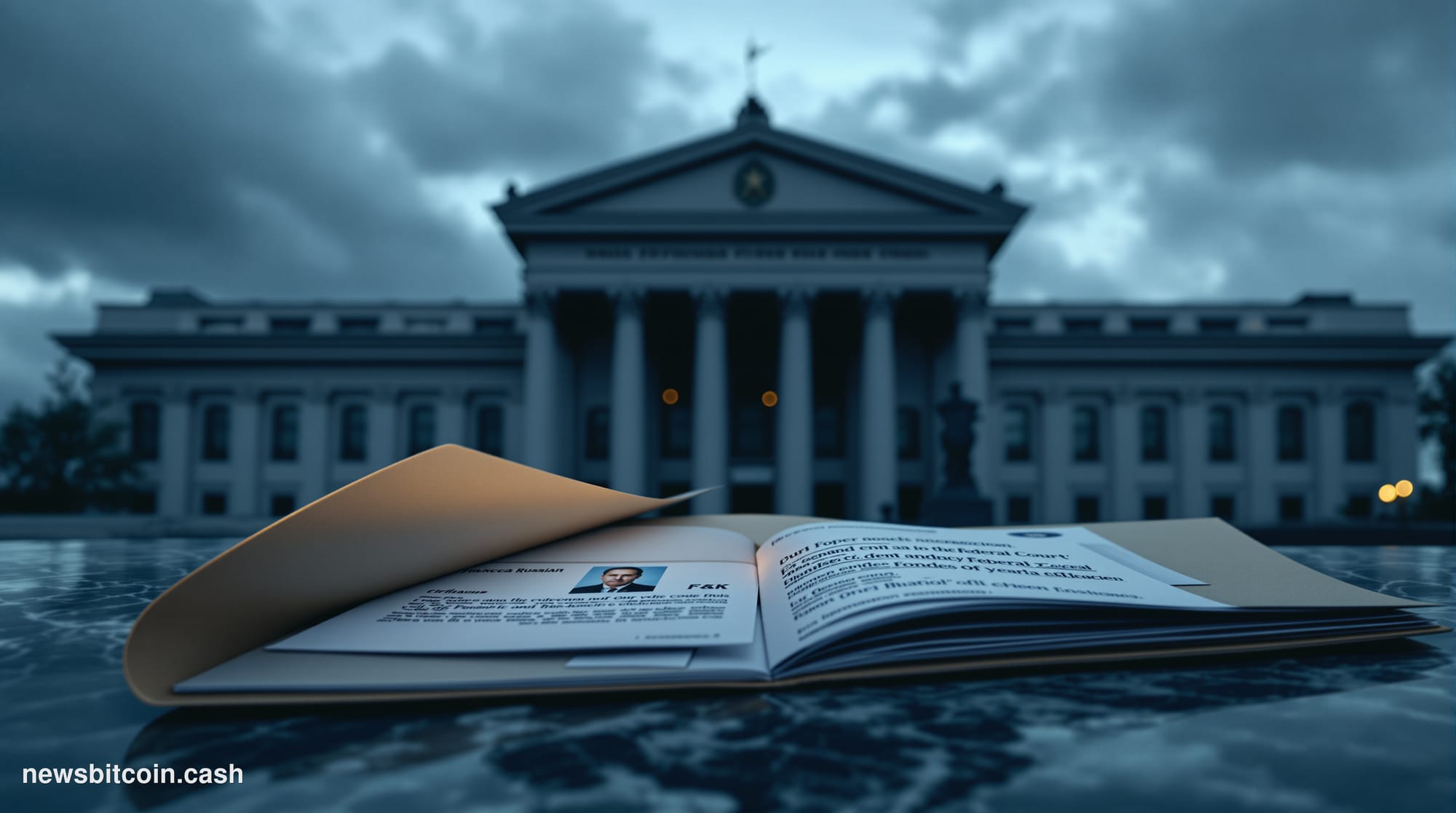 Cinematic photorealistic editorial photograph of a foreboding Russian federal courthouse exterior at dusk, with heavy stone S