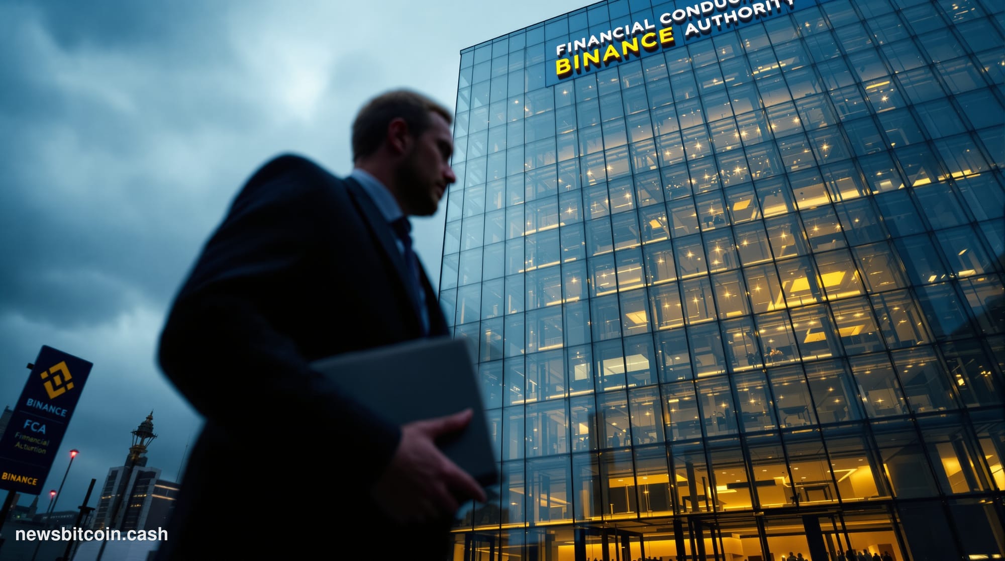 Cinematic photorealistic editorial photograph of the Financial Conduct Authority's Stratford, East London headquarters — a mo