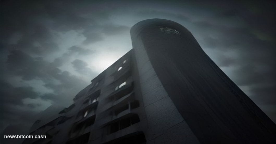 Cinematic photorealistic editorial photograph shot from a low angle looking up at the Bank for International Settlements head