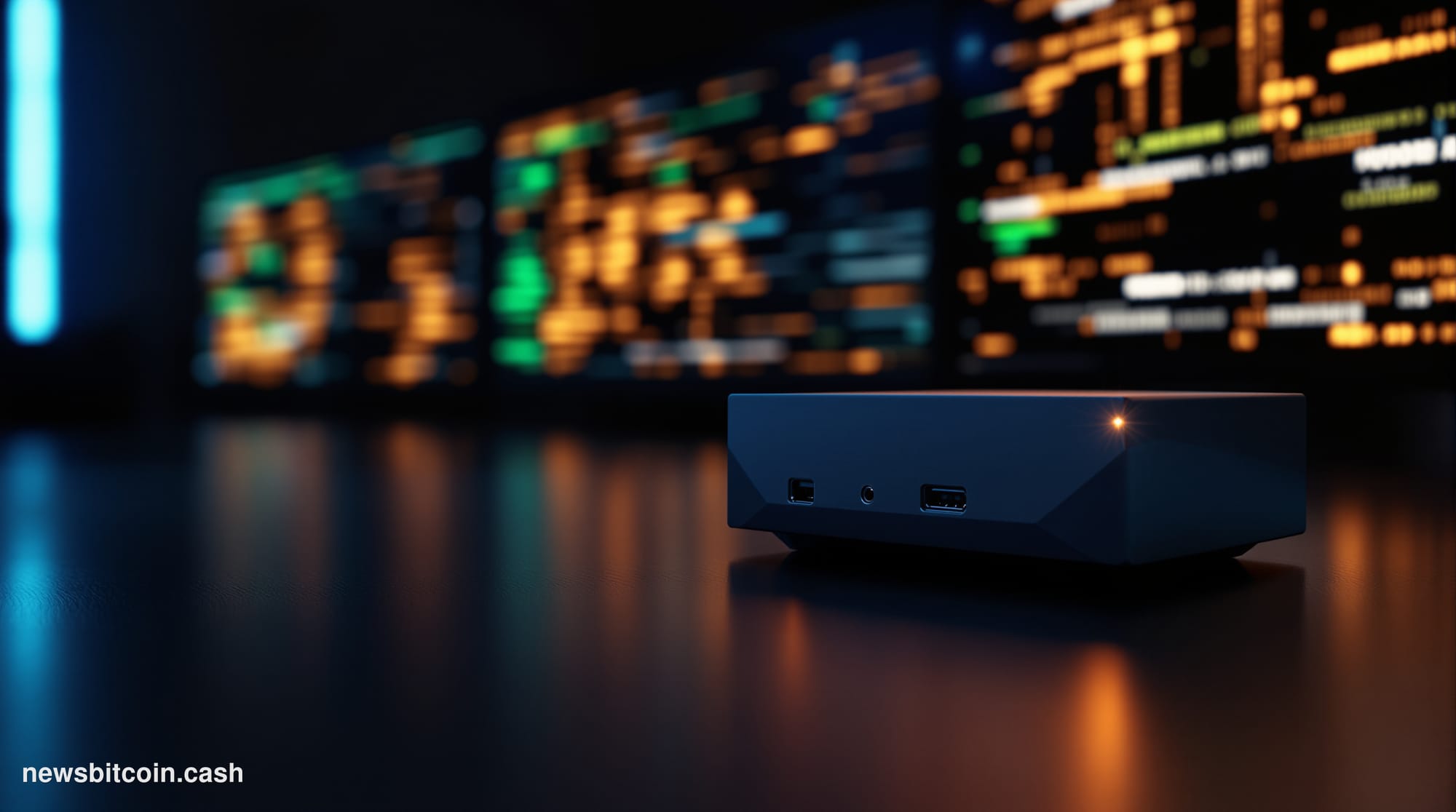 Cinematic photorealistic editorial photograph of a BitBox hardware wallet device resting on a dark matte surface, illuminated