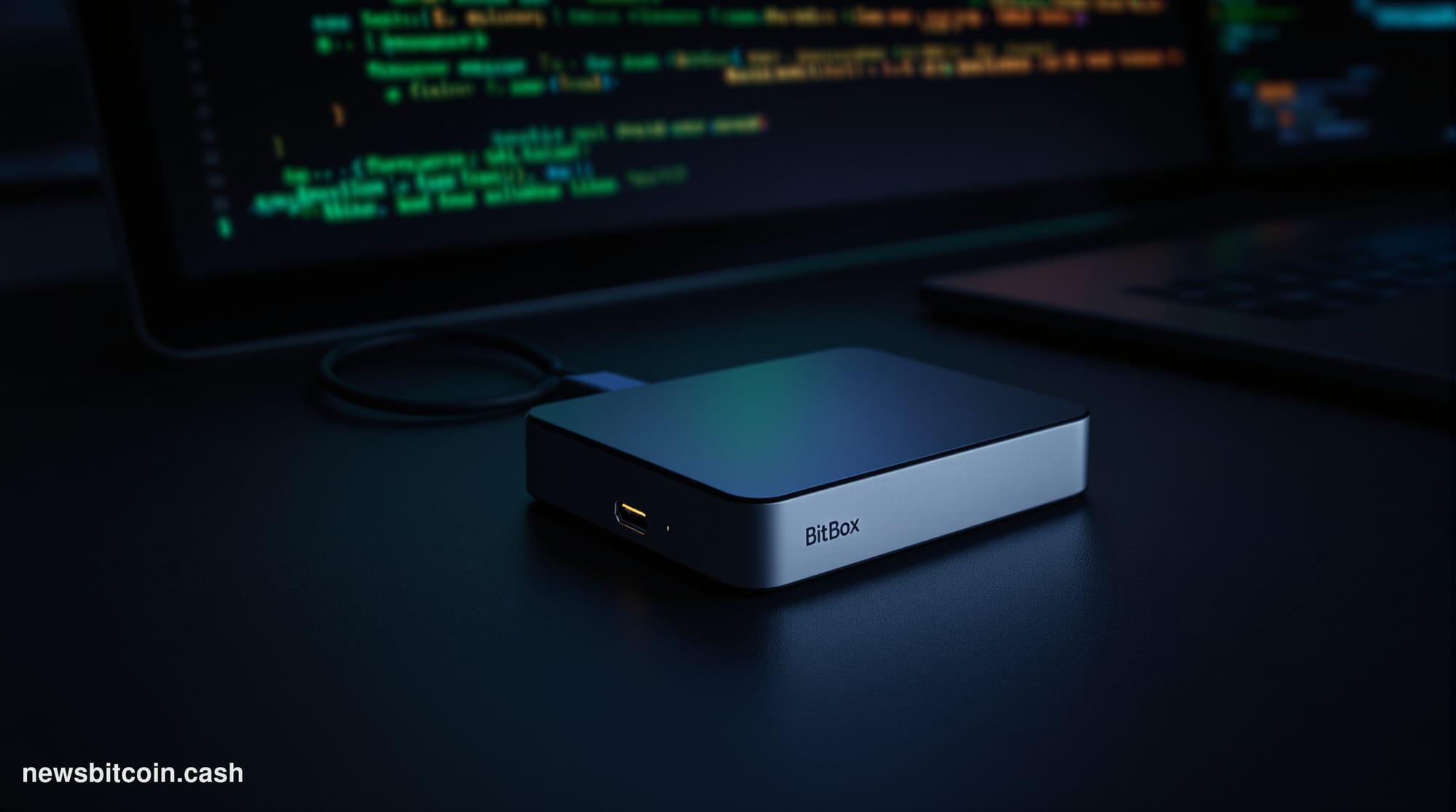 Cinematic photorealistic editorial photograph of a BitBox hardware wallet device resting on a dark matte surface, shot at a l