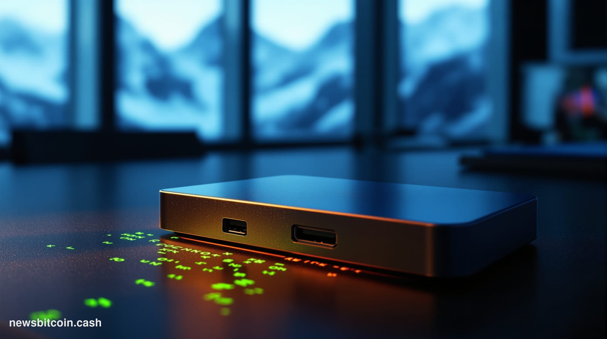 A cinematic photorealistic editorial photograph of a BitBox hardware wallet device resting on a dark matte surface, dramatica