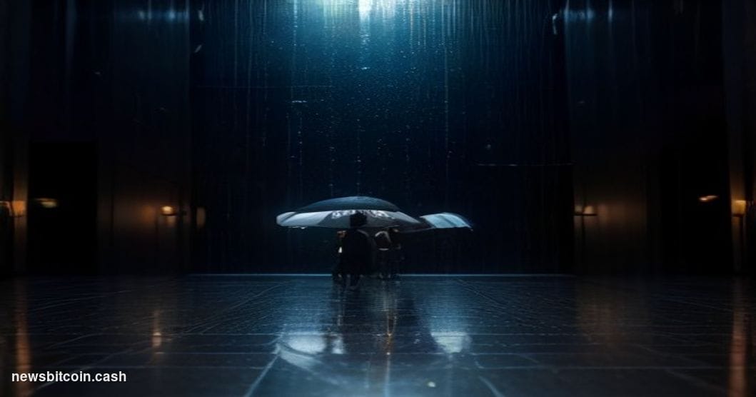 A cinematic photorealistic editorial photograph shot at ground level looking up at a towering digital ticker board in a rain-