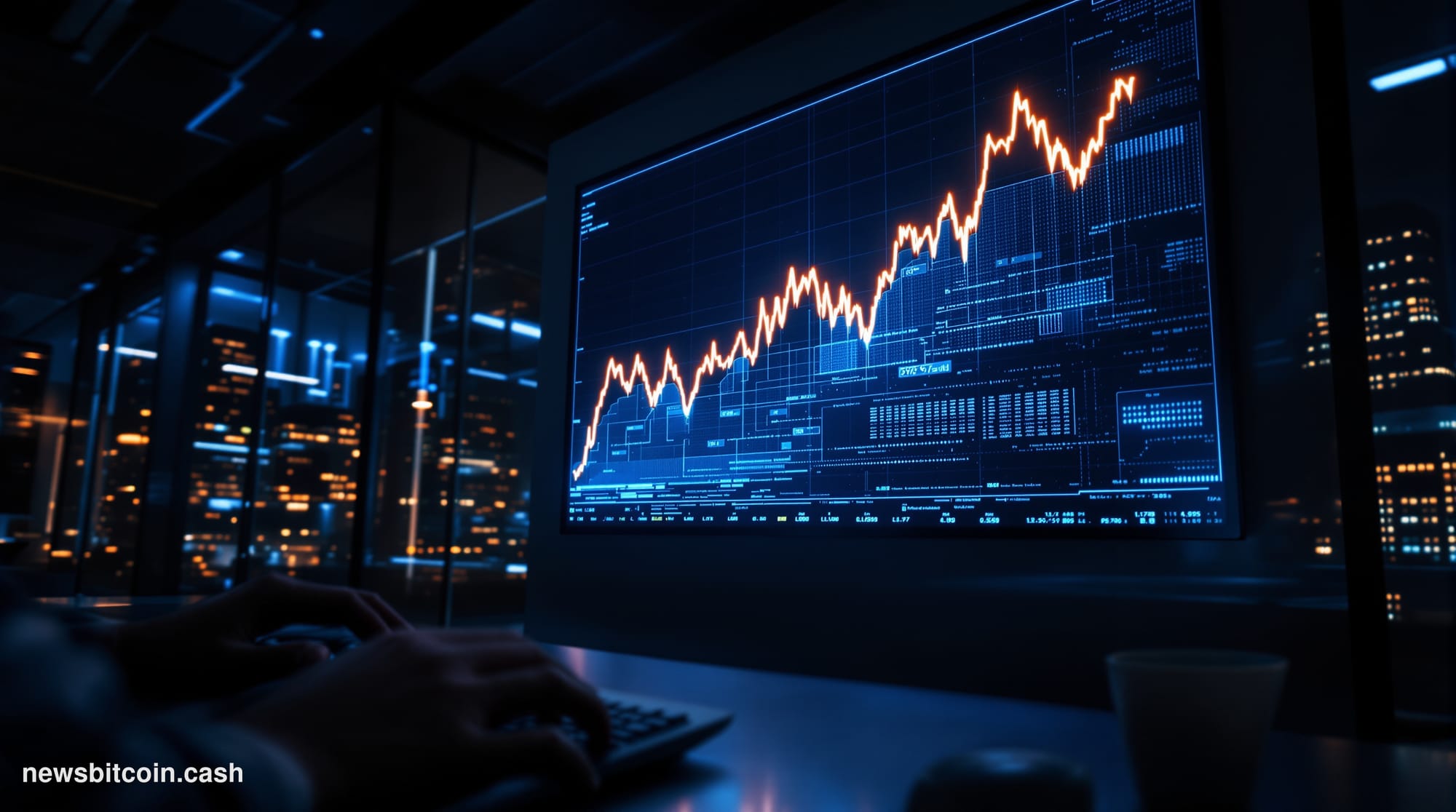 Cinematic photorealistic editorial photograph of a large trading screen mounted in a dimly lit financial operations room, dis