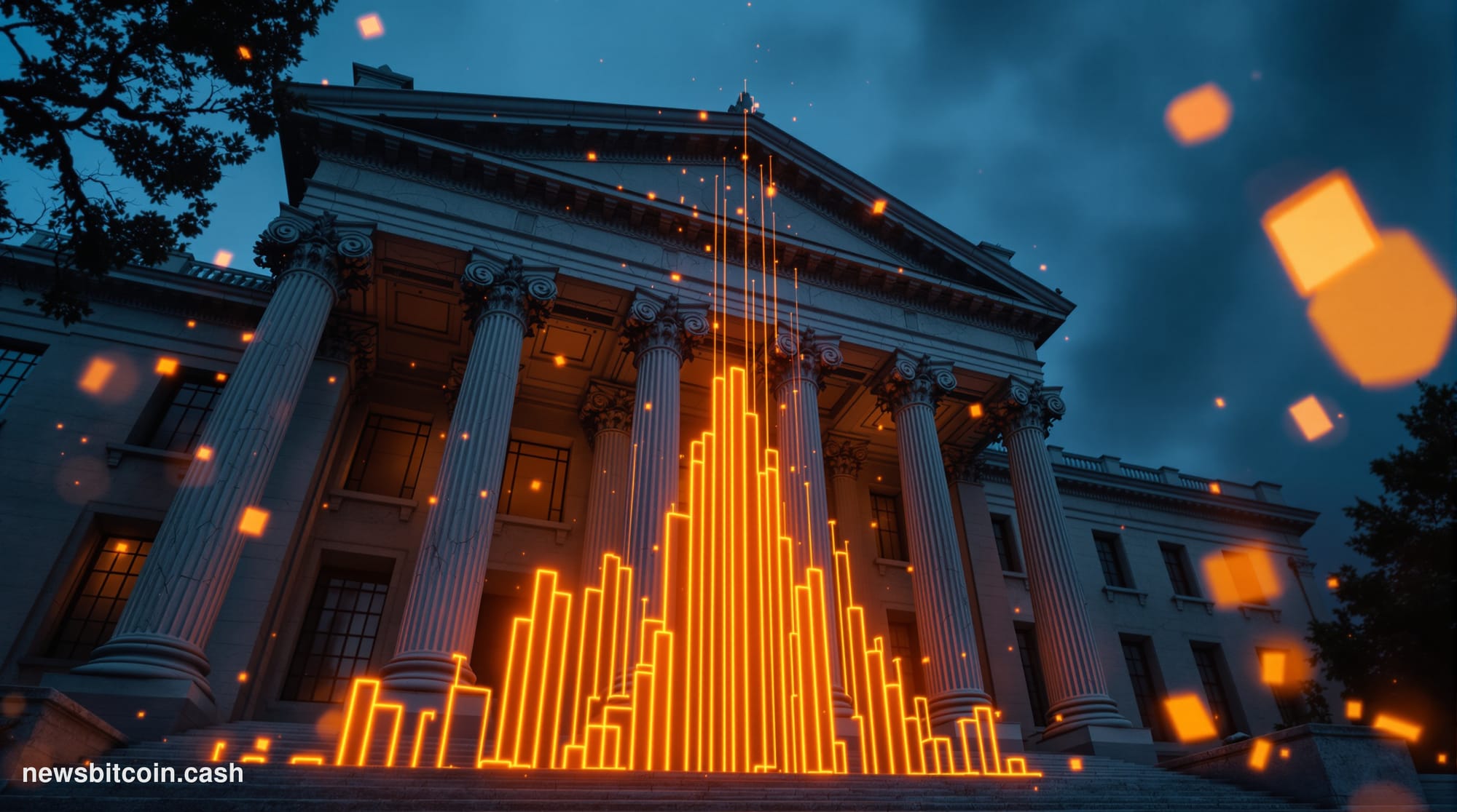 Cinematic photorealistic editorial photograph of a cracked and deteriorating US Treasury building facade in Washington D.C. s