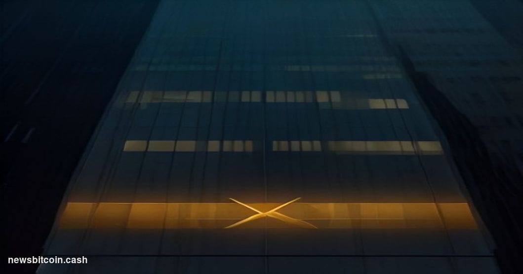 Cinematic photorealistic editorial photograph of a large illuminated Bitcoin symbol mounted on a dark financial district buil