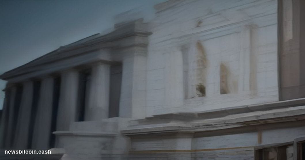 Cinematic photorealistic editorial photograph of the Federal Reserve's Eccles Building in Washington D.C., shot at dusk from 