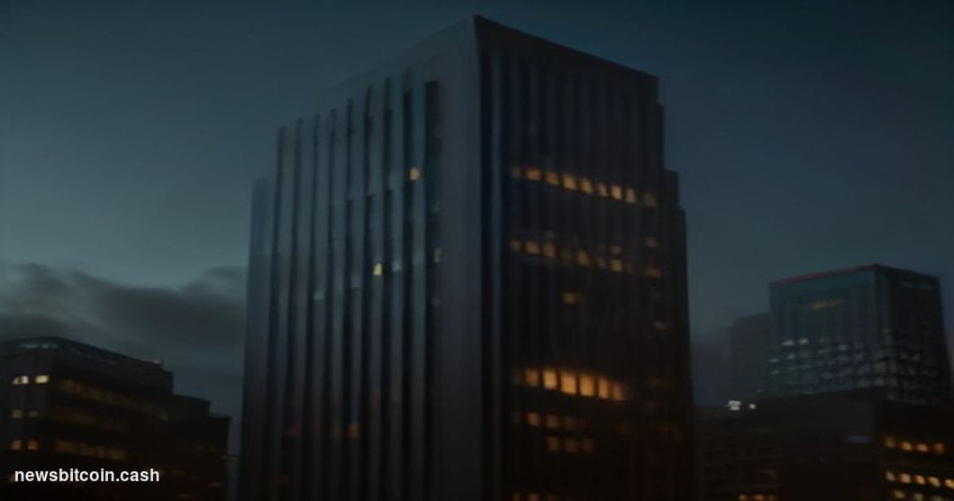 Cinematic photorealistic editorial photograph of the Coinbase headquarters building exterior in San Francisco's financial dis