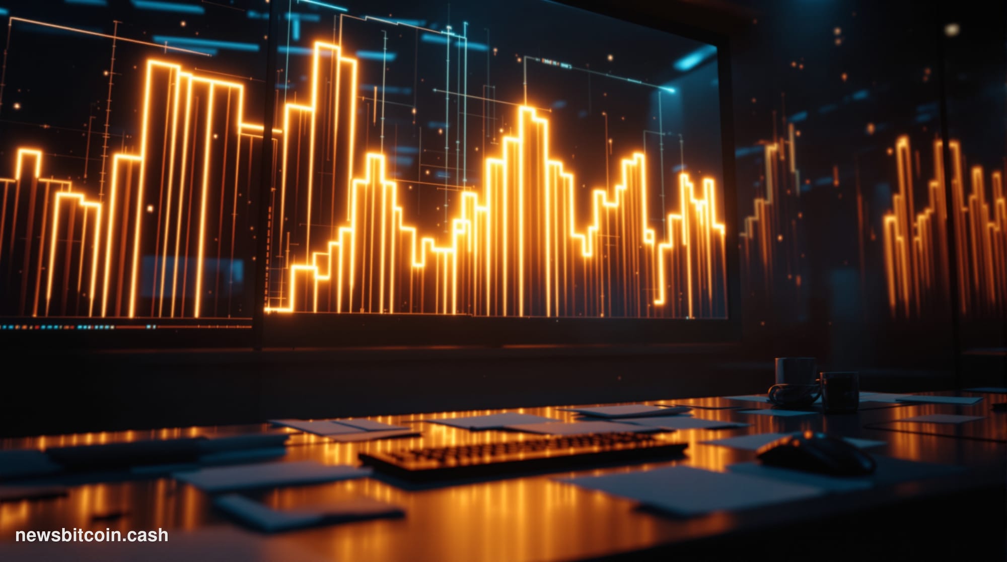 Cinematic photorealistic editorial photograph of a dramatic financial trading floor environment, dimly lit with cool blue-gre