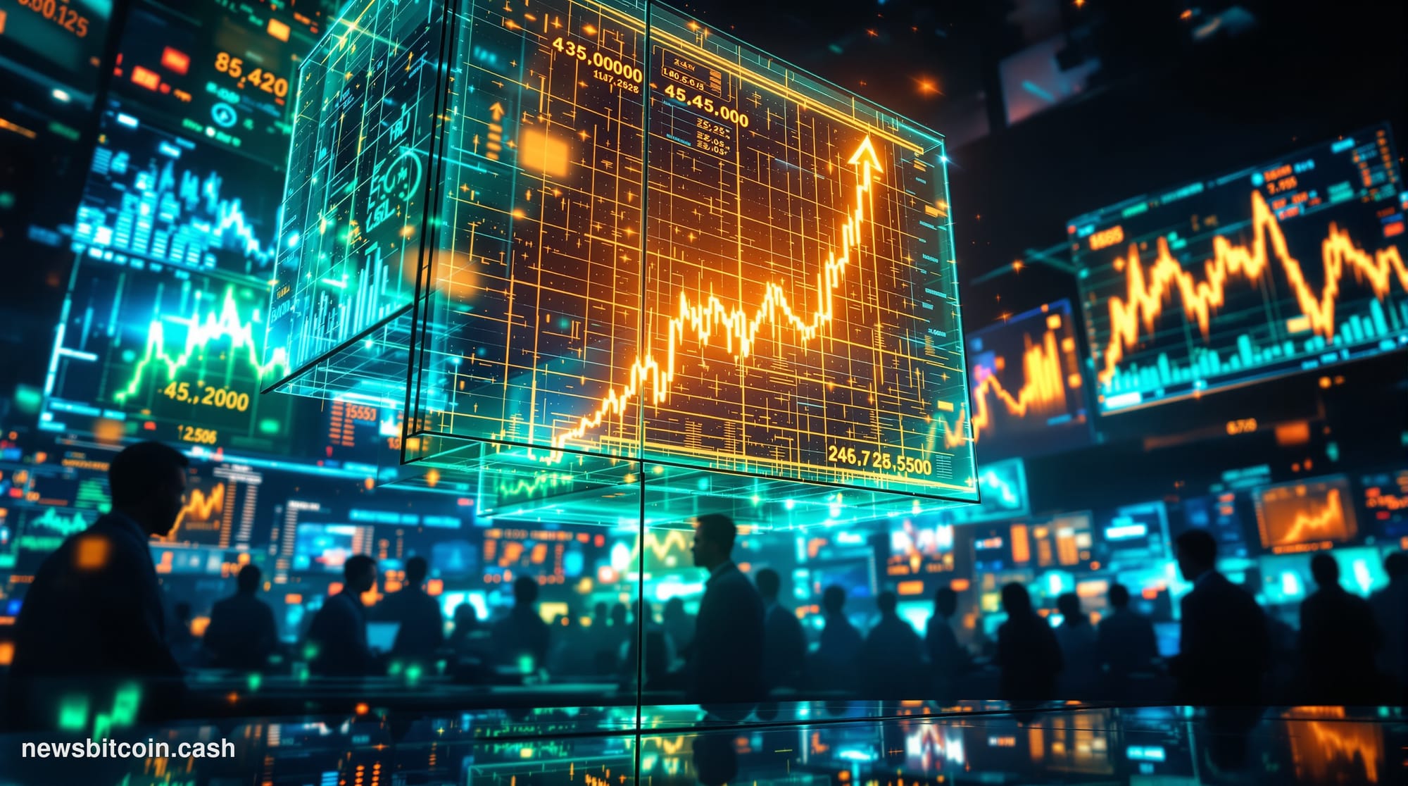 Cinematic photorealistic editorial photograph shot from a low angle looking up at a financial district trading floor monitor 