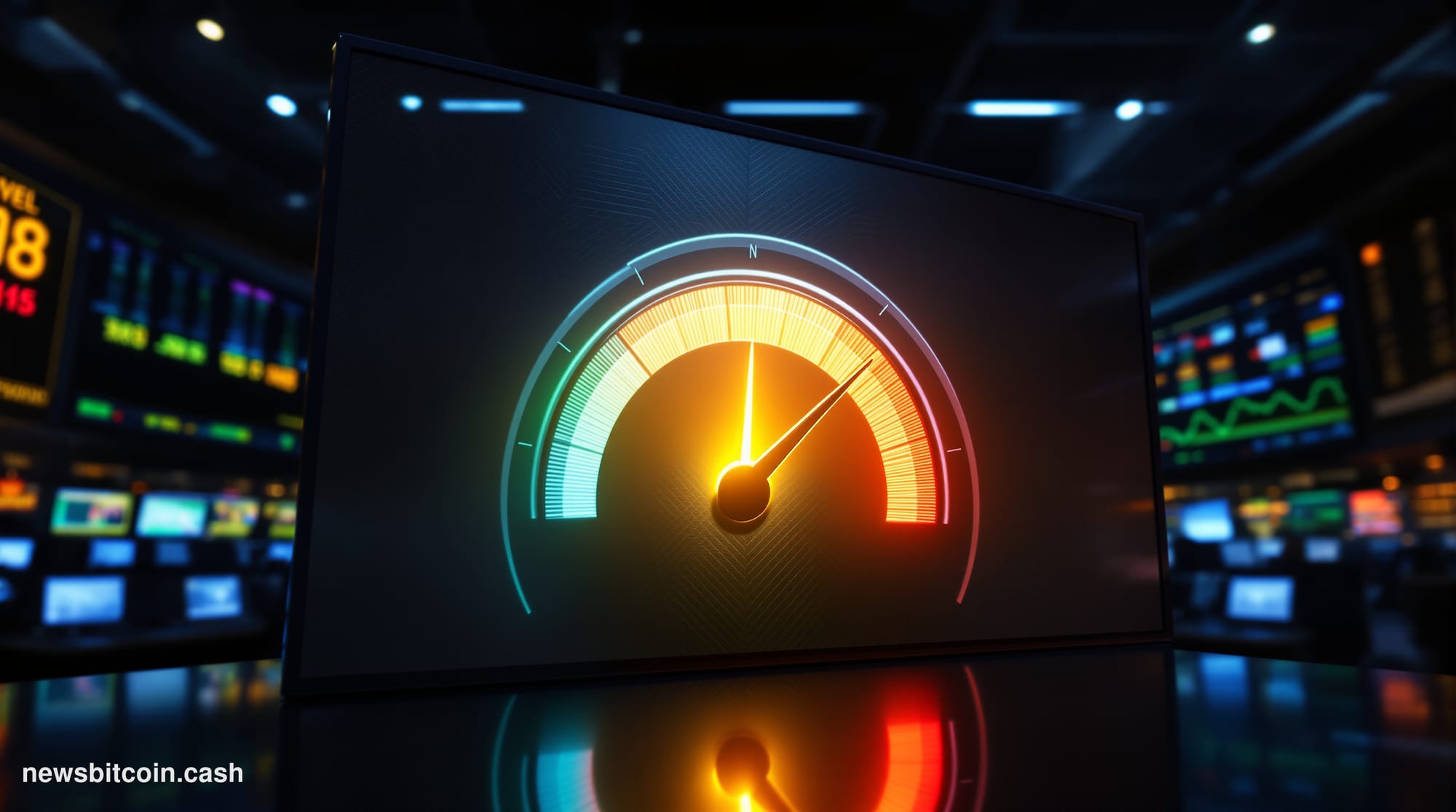 Cinematic photorealistic editorial photograph of a large trading floor monitor displaying a glowing green sentiment gauge nee