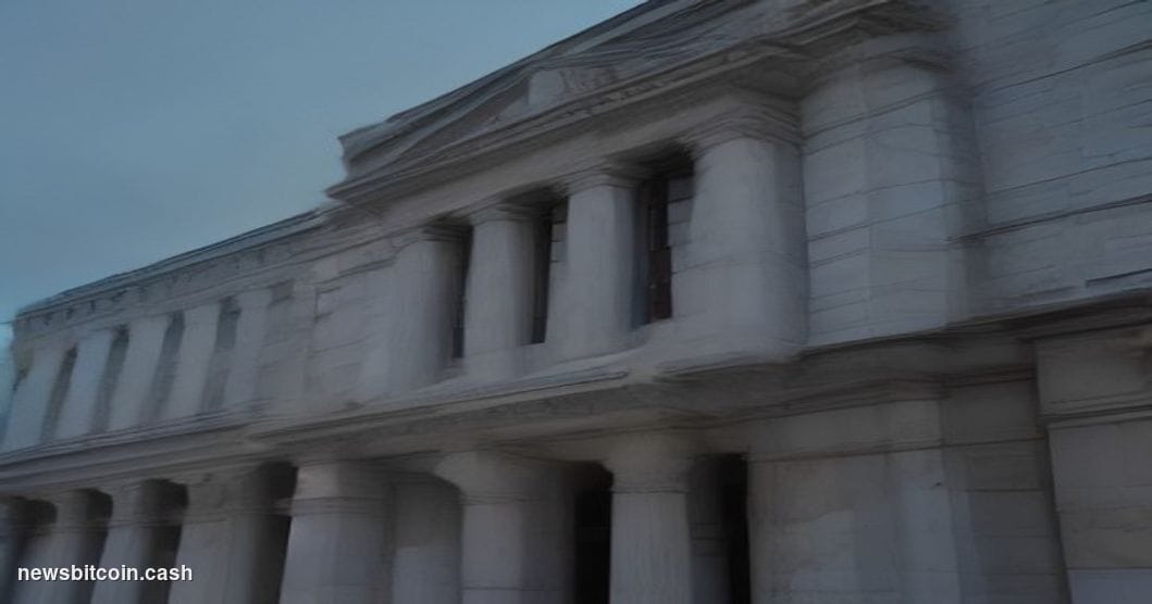 A cinematic photorealistic editorial photograph shot from a low angle looking up at the Federal Reserve Building in Washingto