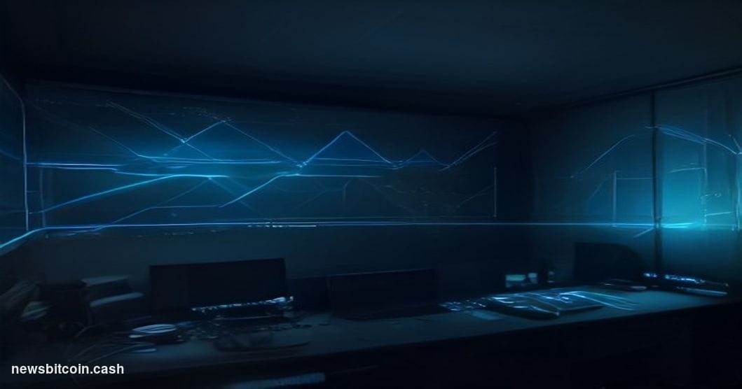 A cinematic photorealistic editorial photograph depicting a large illuminated digital trading screen mounted in a dark, moody