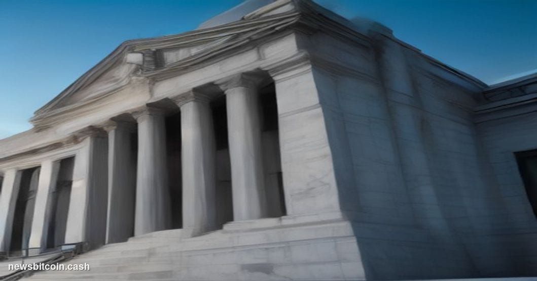 Cinematic photorealistic editorial photograph of the Federal Reserve's Washington D.C. headquarters building — the Marriner S