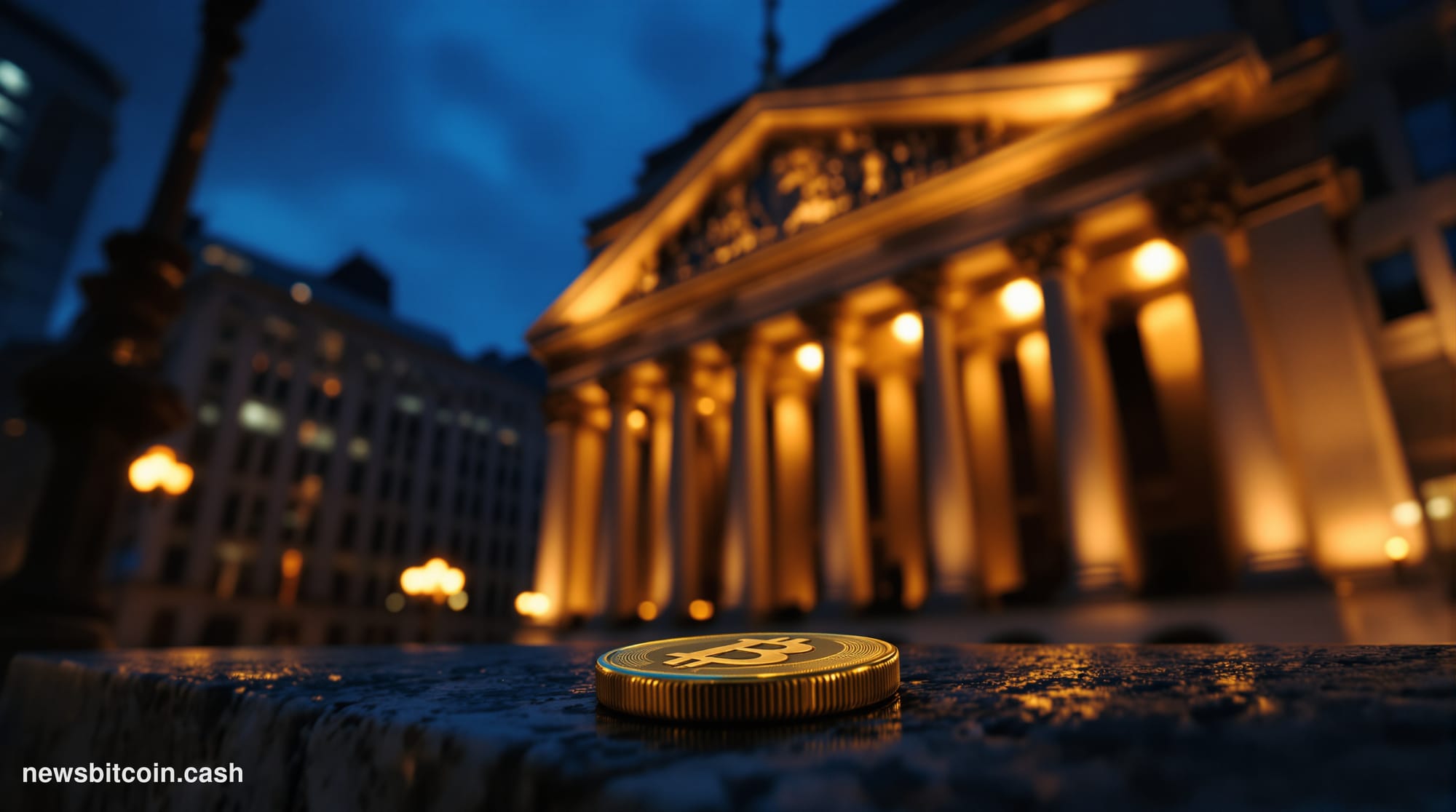 Cinematic photorealistic editorial photograph of the New York Stock Exchange building on Wall Street at dusk, its iconic neoc