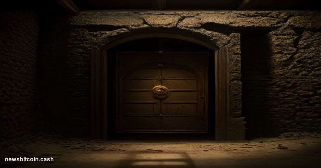 Cinematic photorealistic editorial photograph of a weathered, dust-covered physical vault door slightly ajar in a dim undergr