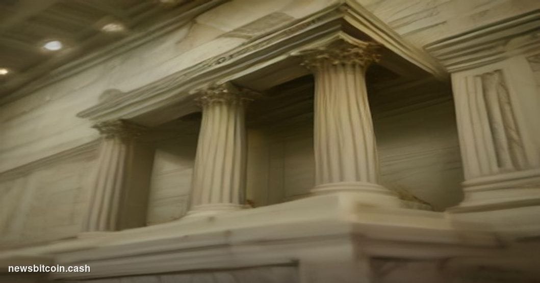 A cinematic photorealistic editorial photograph set in the Federal Reserve's neoclassical Washington D.C. headquarters, shot 