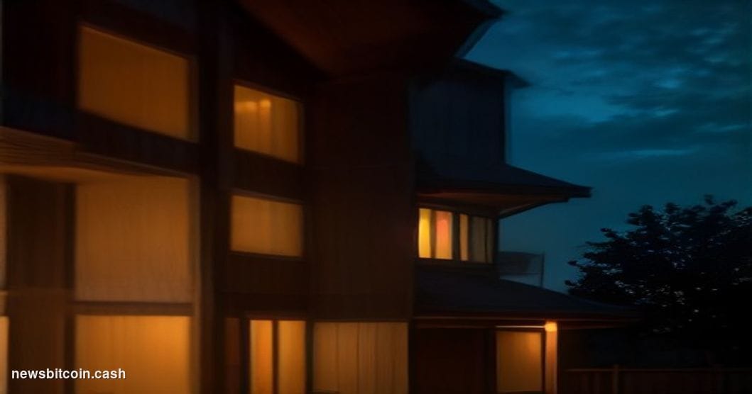 Cinematic photorealistic editorial photograph of a modern American suburban home at dusk, shot from a low angle with a shallo