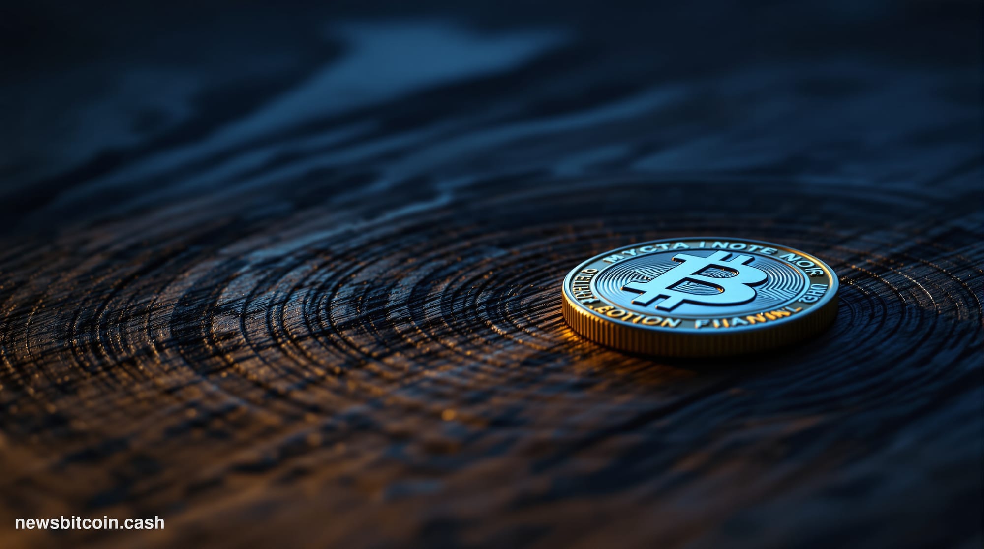 A cinematic photorealistic editorial photograph depicting a lone Bitcoin physical coin resting on a dark, aged wooden surface