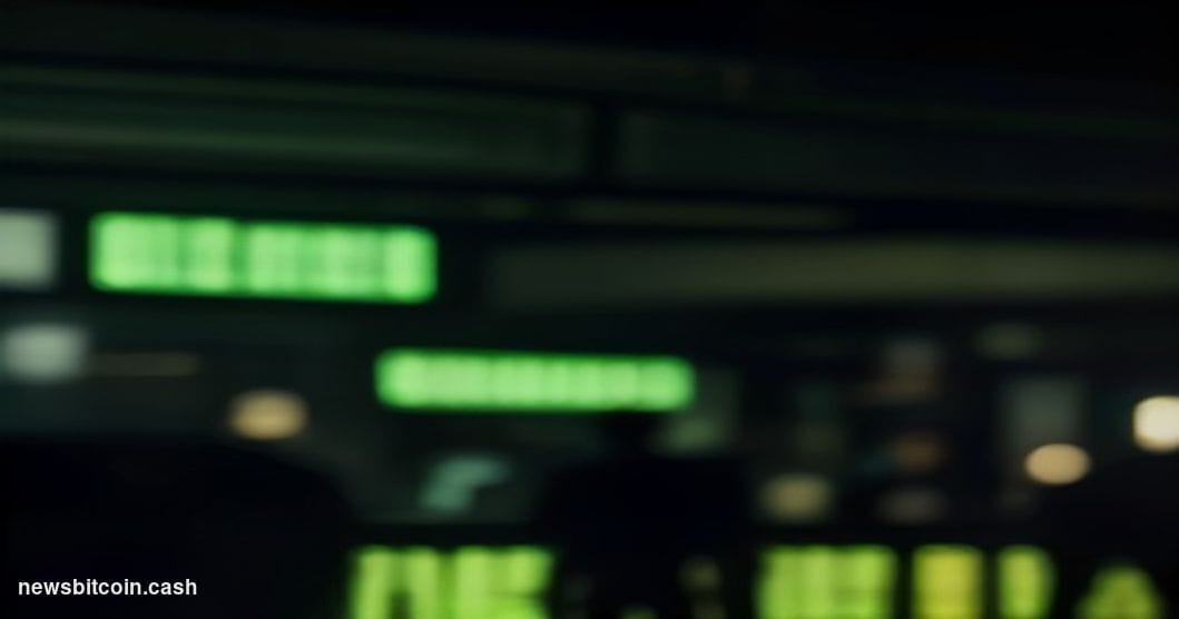 Cinematic photorealistic editorial photograph of a large financial trading floor bathed in deep green light emanating from ro