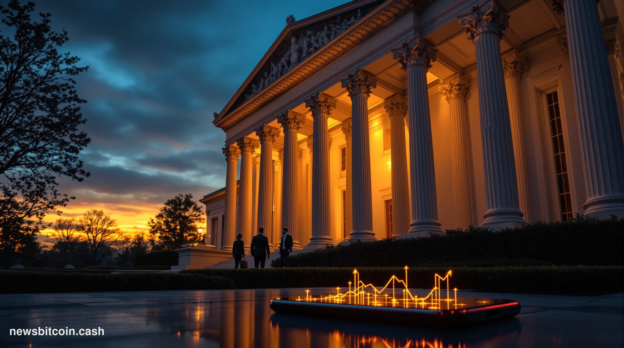 Cinematic photorealistic editorial photograph of the White House's North Portico at dusk, shot from a low angle with dramatic