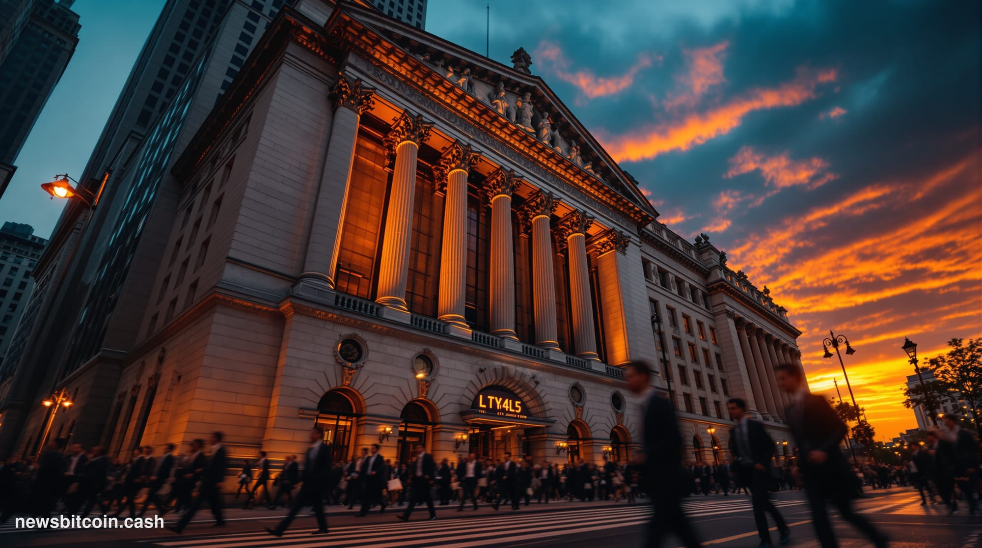 Cinematic photorealistic editorial photograph shot from a low angle looking up at the New York Stock Exchange building on Wal