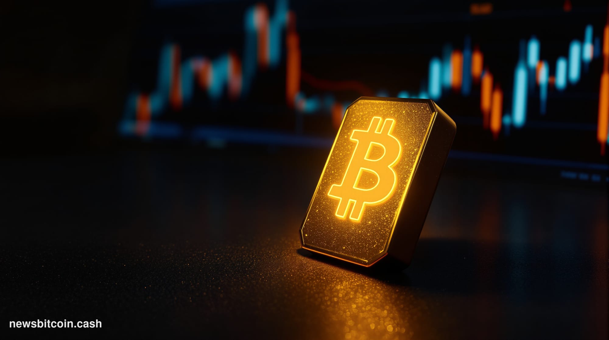 Cinematic photorealistic editorial photograph of a single physical gold bar resting on a dark matte surface beside a glowing 