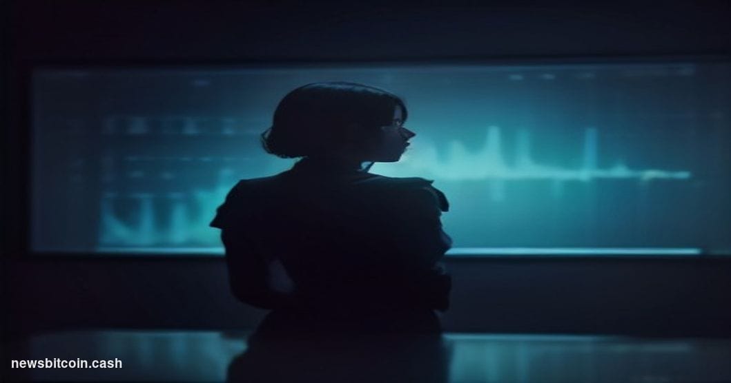 Cinematic photorealistic editorial photograph of a large financial trading floor screen displaying a rising Bitcoin price cha