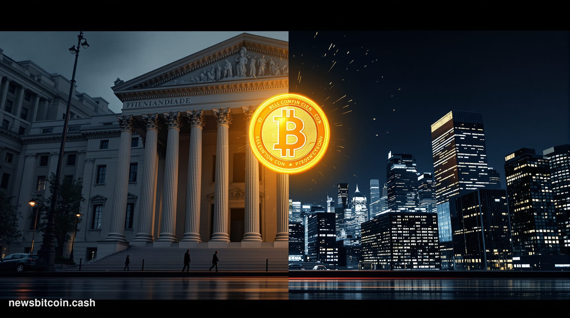 Cinematic photorealistic editorial photograph of a split-screen visual metaphor: on the left, the exterior of the New York St